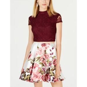 City Studio Lace Floral Print Blouse and Skirt Set Co-Ord Sets Co-Ord Sets